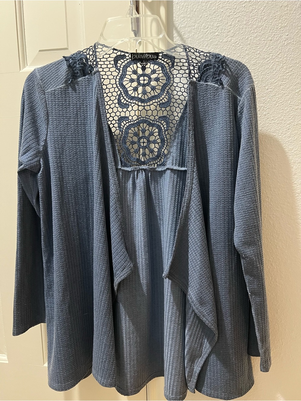 Blue Crochet-Back Waffle Knit Open Cardigan Size Small